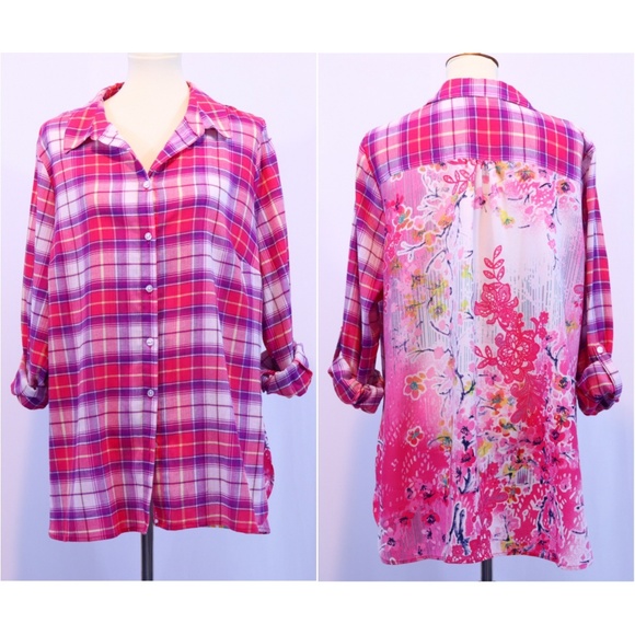 Alia Tops - Alia Plus Mixed Media Printed Button Up Shirt